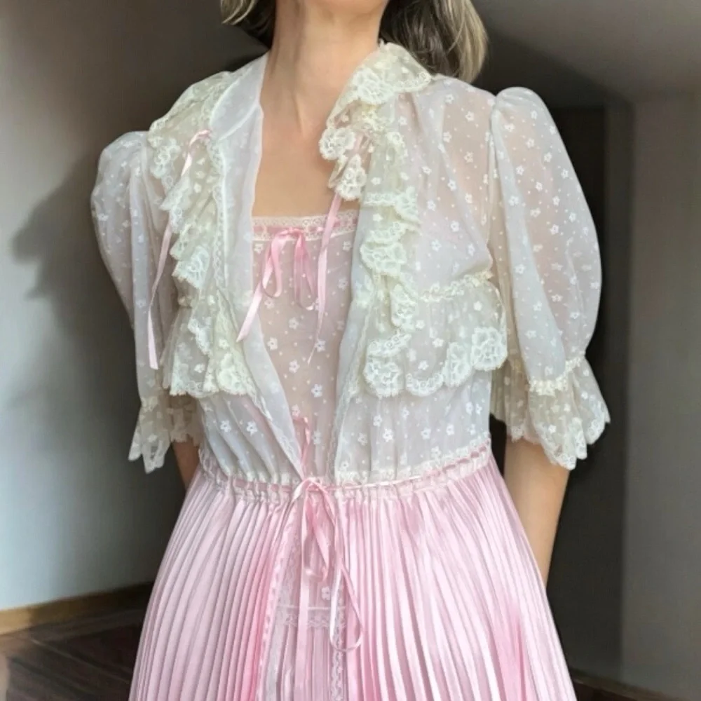 Vintage 70s Pink Satin Lace Peignoir Set Slip Dress & Robe Romantic Edwardian - Picture 3 of 16